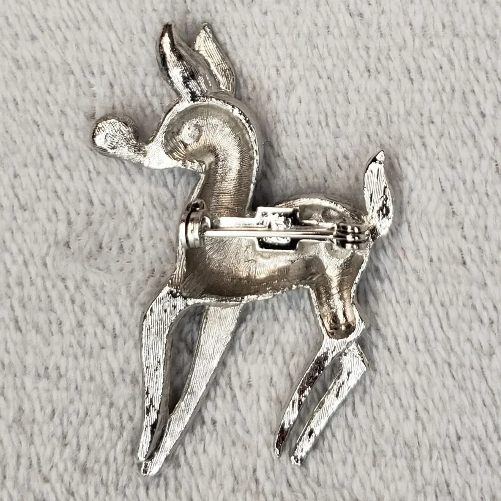 Reindeer Brooch Silver, red and green gem stones